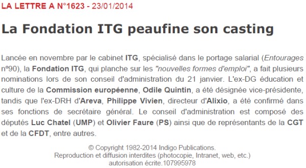 la lettre A du 23/01/2014 : la Fondation ITG peaufine son casting